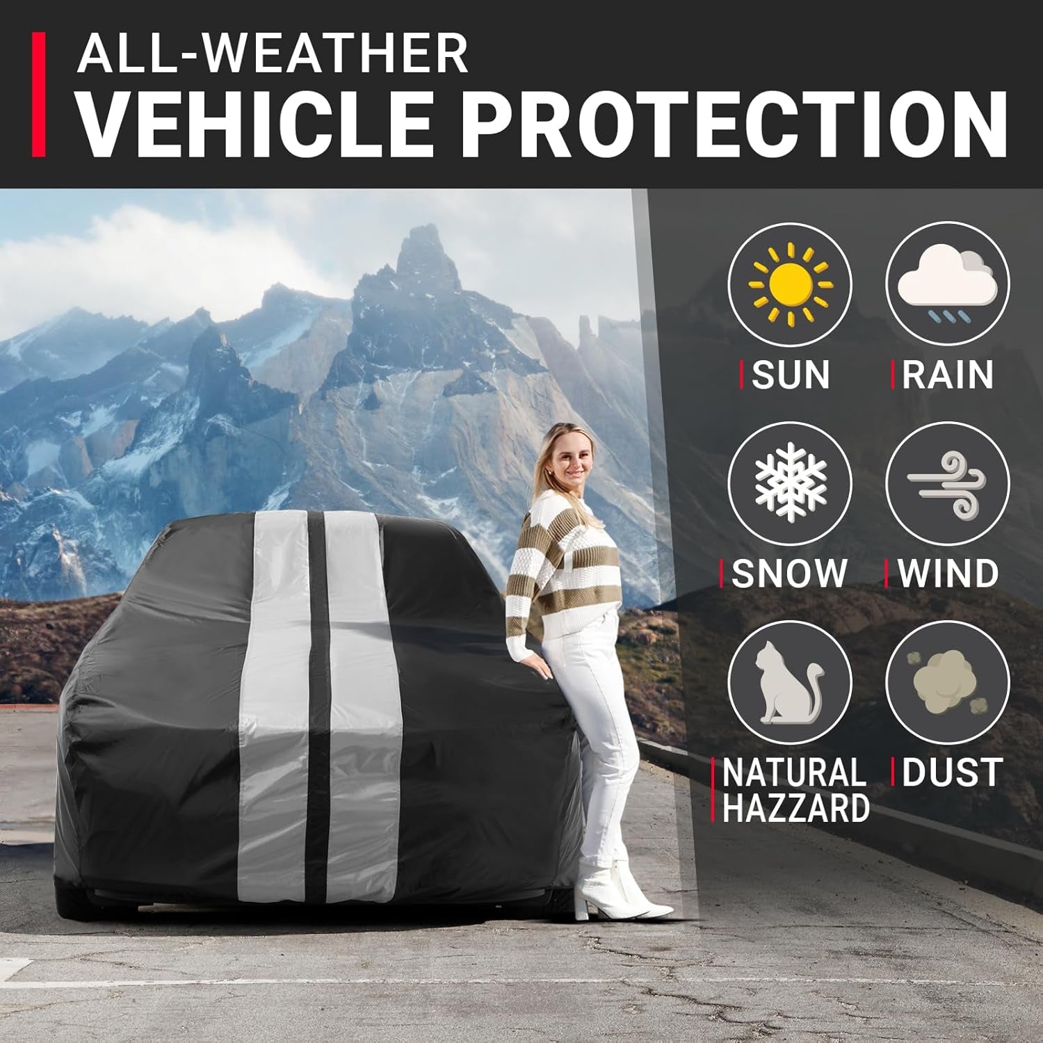 Premium Car Cover for 1946-1951 Plymouth Deluxe 2-Door Heavy Duty Waterproof All Weather Automobiles Custom Fit Full Exterior Indoor Outdoor UV Snow Rain Protection (Stripe - Black/Gray)