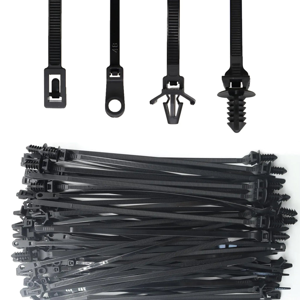QYIMLI 100pcs Push Mount Cable Zip Tie Automotive Wire Ties with Anchors Self Locking Black Zip Ties (4 Styles)