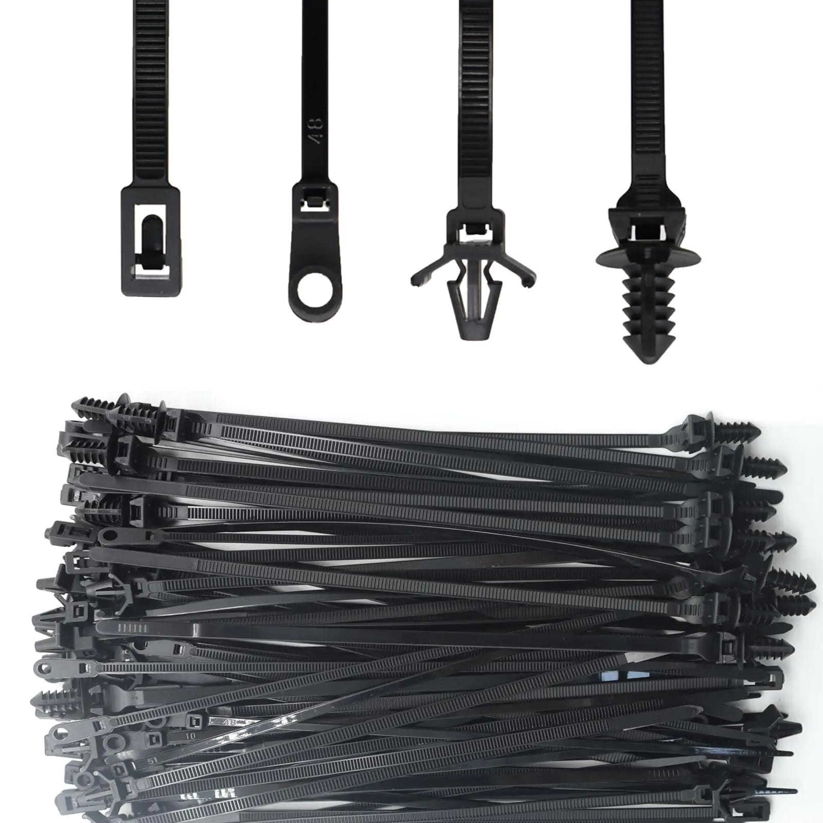 QYIMLI 100pcs Push Mount Cable Zip Tie Automotive Wire Ties with Anchors Self Locking Black Zip Ties (4 Styles)